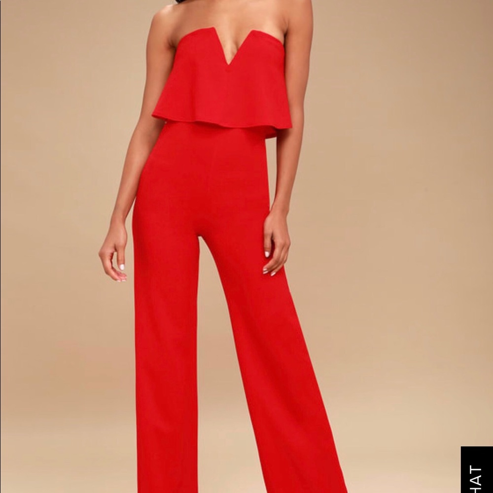 POWER OF LOVE RED STRAPLESS JUMPSUIT by Lulus